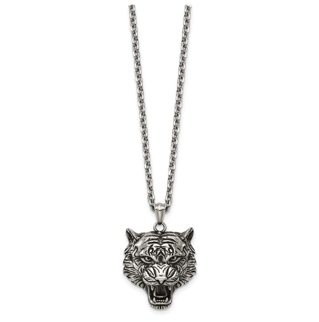 Stainless Steel Antiqued and Polished Tiger's Head 24in Necklace – Elegant Jewelry Gift for Birthday, Anniversary, Engagement, Wedding