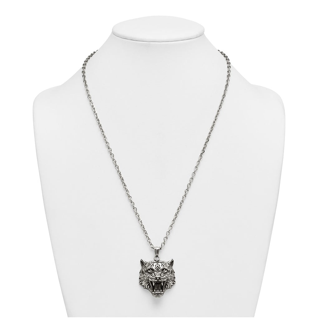 Stainless Steel Antiqued and Polished Tiger's Head 24in Necklace – Elegant Jewelry Gift for Birthday, Anniversary, Engagement, Wedding