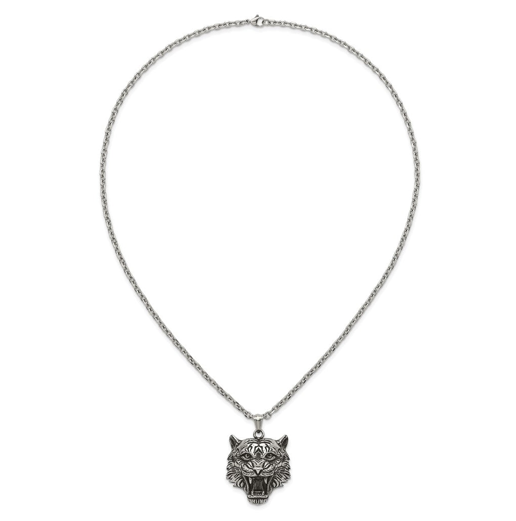 Stainless Steel Antiqued and Polished Tiger's Head 24in Necklace – Elegant Jewelry Gift for Birthday, Anniversary, Engagement, Wedding