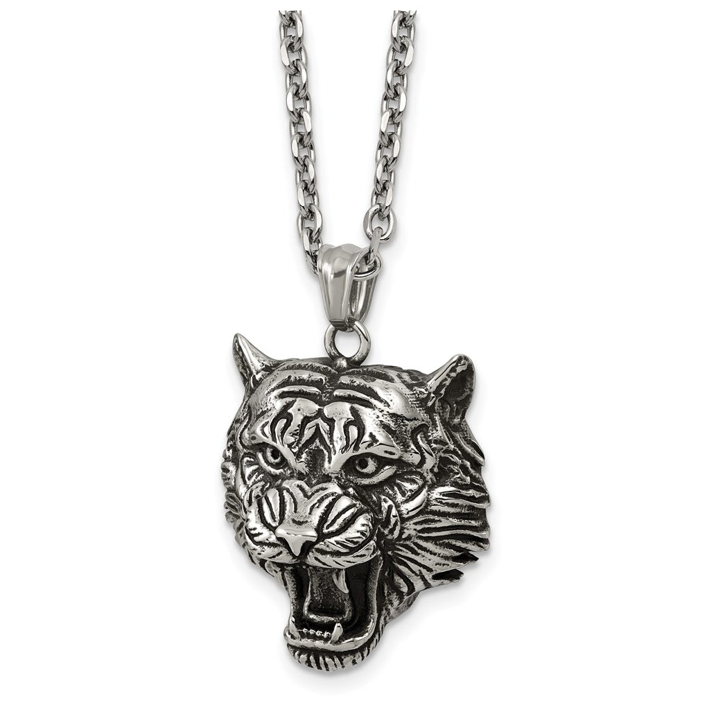 Stainless Steel Antiqued and Polished Tiger's Head 24in Necklace – Elegant Jewelry Gift for Birthday, Anniversary, Engagement, Wedding