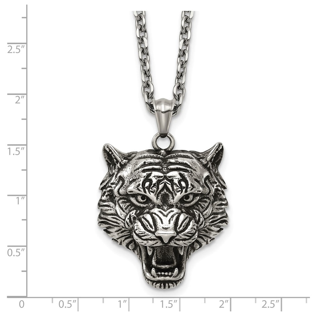 Stainless Steel Antiqued and Polished Tiger's Head 24in Necklace – Elegant Jewelry Gift for Birthday, Anniversary, Engagement, Wedding