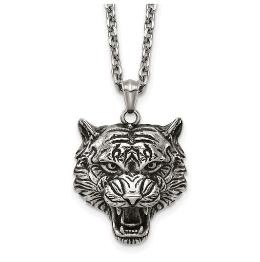 Stainless Steel Antiqued and Polished Tiger's Head 24in Necklace – Elegant Jewelry Gift for Birthday, Anniversary, Engagement, Wedding