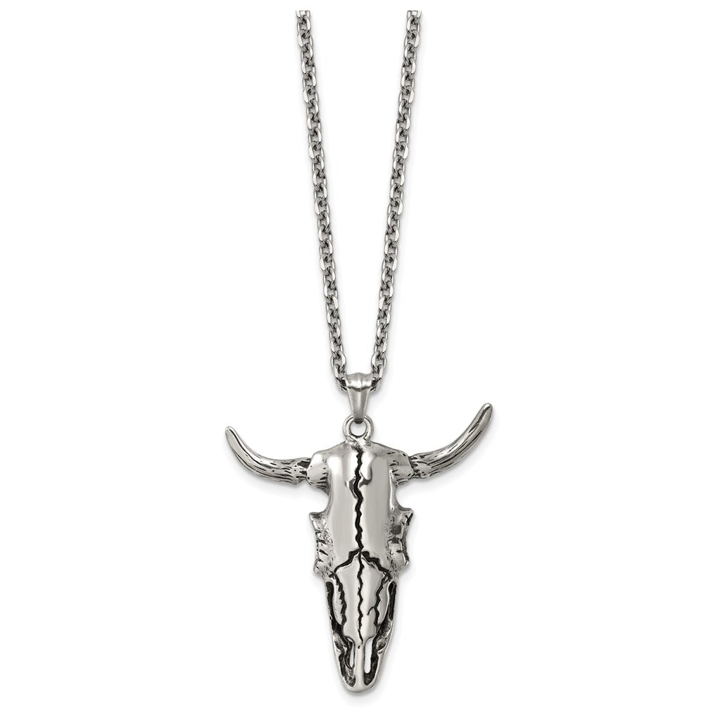 Stainless Steel Antiqued and Polished Bull Skull 24in Necklace – Elegant Jewelry Gift for Birthday, Anniversary, Engagement, Wedding