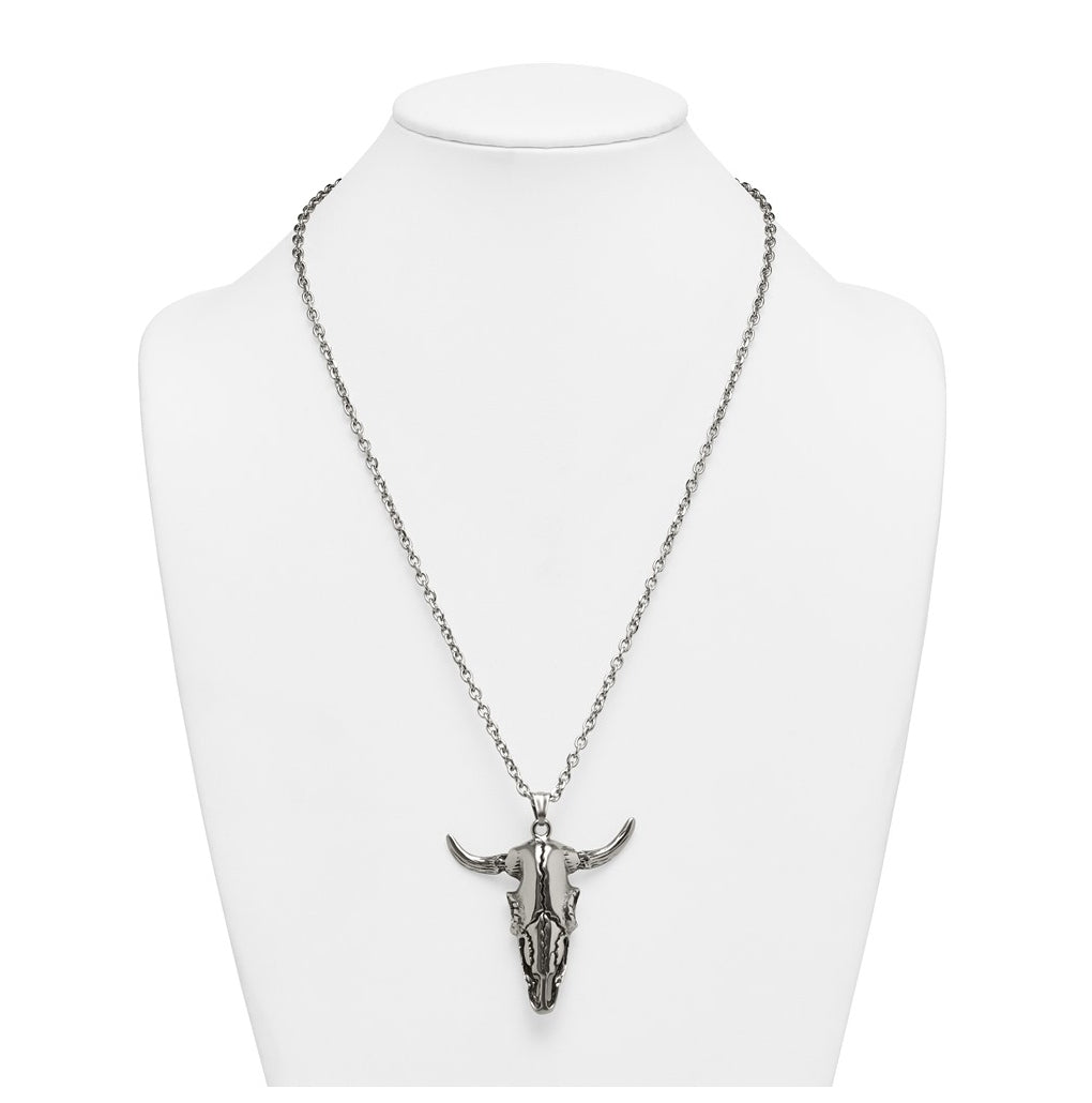 Stainless Steel Antiqued and Polished Bull Skull 24in Necklace – Elegant Jewelry Gift for Birthday, Anniversary, Engagement, Wedding