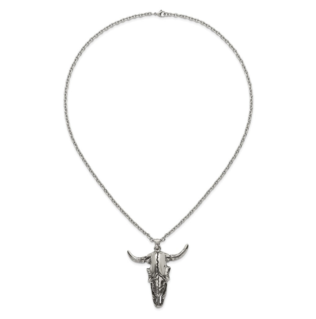Stainless Steel Antiqued and Polished Bull Skull 24in Necklace – Elegant Jewelry Gift for Birthday, Anniversary, Engagement, Wedding