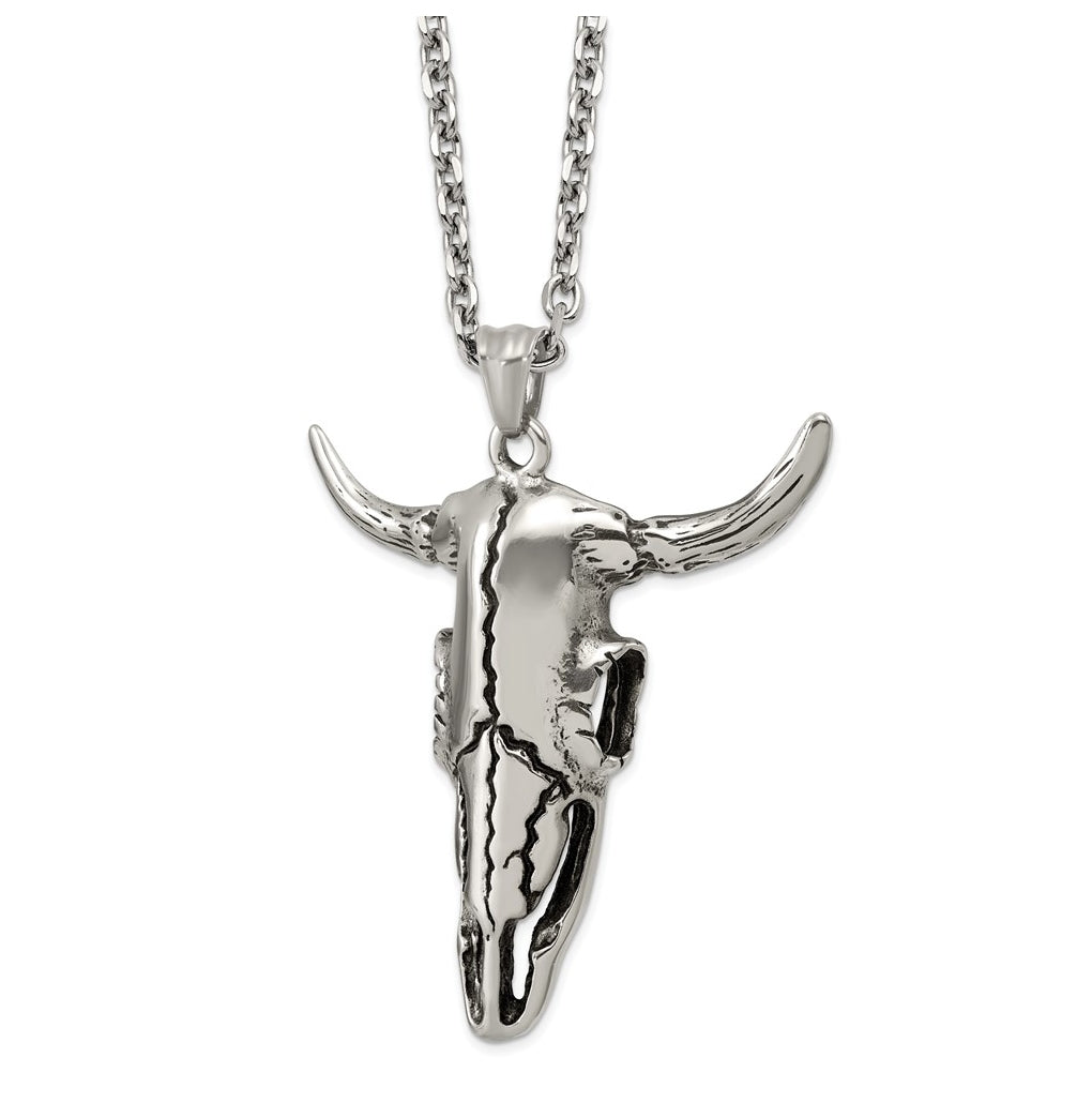 Stainless Steel Antiqued and Polished Bull Skull 24in Necklace – Elegant Jewelry Gift for Birthday, Anniversary, Engagement, Wedding
