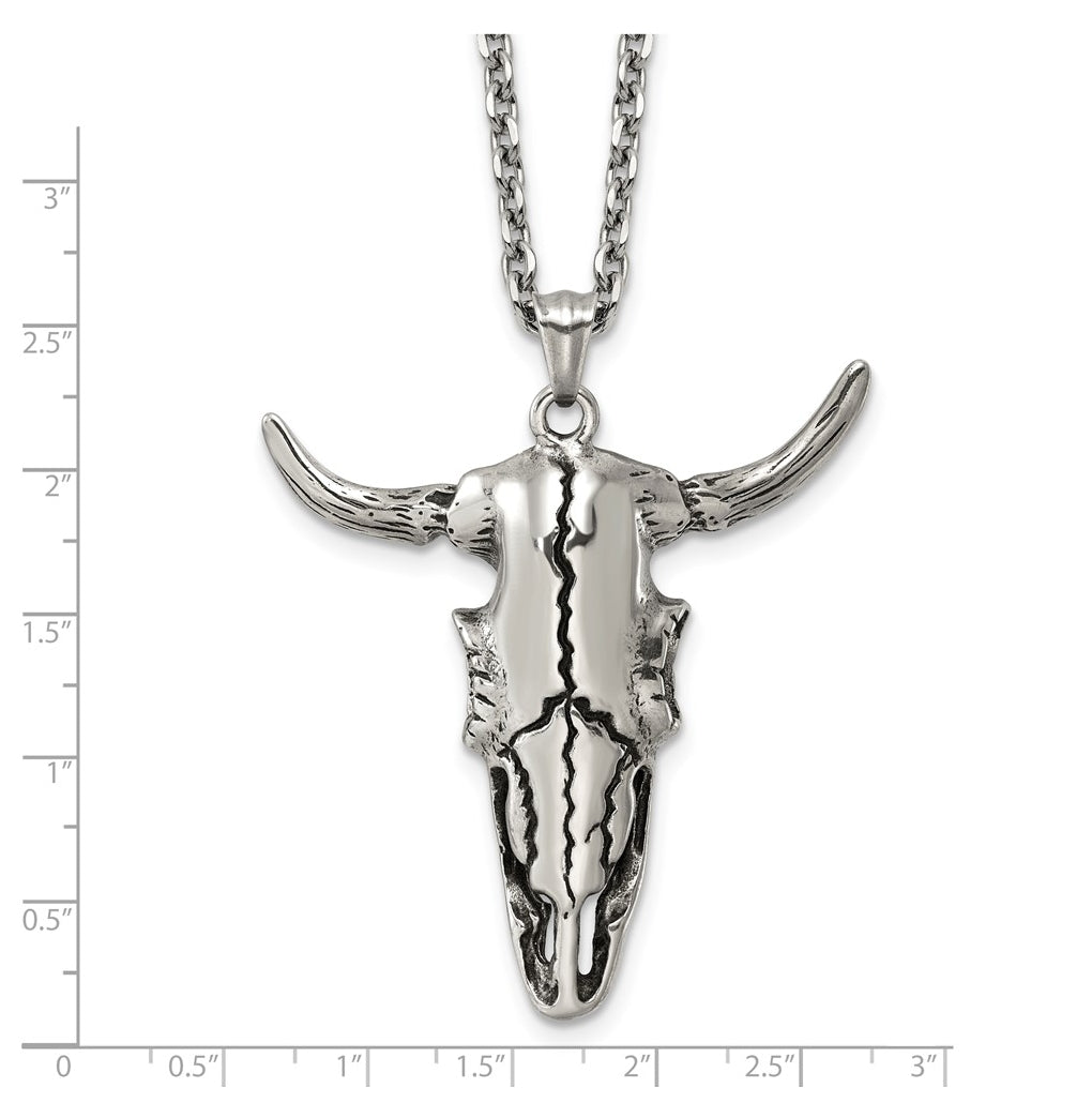 Stainless Steel Antiqued and Polished Bull Skull 24in Necklace – Elegant Jewelry Gift for Birthday, Anniversary, Engagement, Wedding