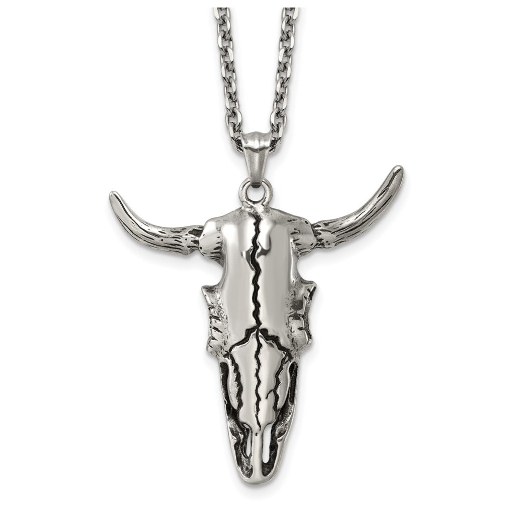 Stainless Steel Antiqued and Polished Bull Skull 24in Necklace – Elegant Jewelry Gift for Birthday, Anniversary, Engagement, Wedding