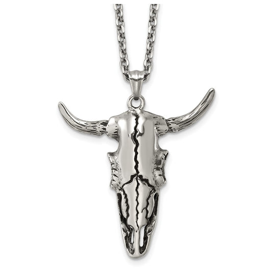 Stainless Steel Antiqued and Polished Bull Skull 24in Necklace – Elegant Jewelry Gift for Birthday, Anniversary, Engagement, Wedding
