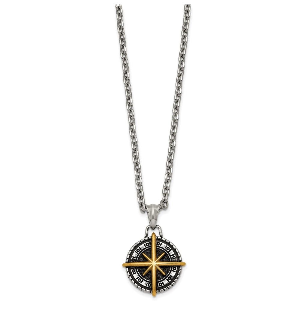Stainless Steel Antiqued Polished Yellow IP-plated Compass 24in Necklace – Elegant Jewelry Gift for Birthday, Anniversary, Engagement, Wedding