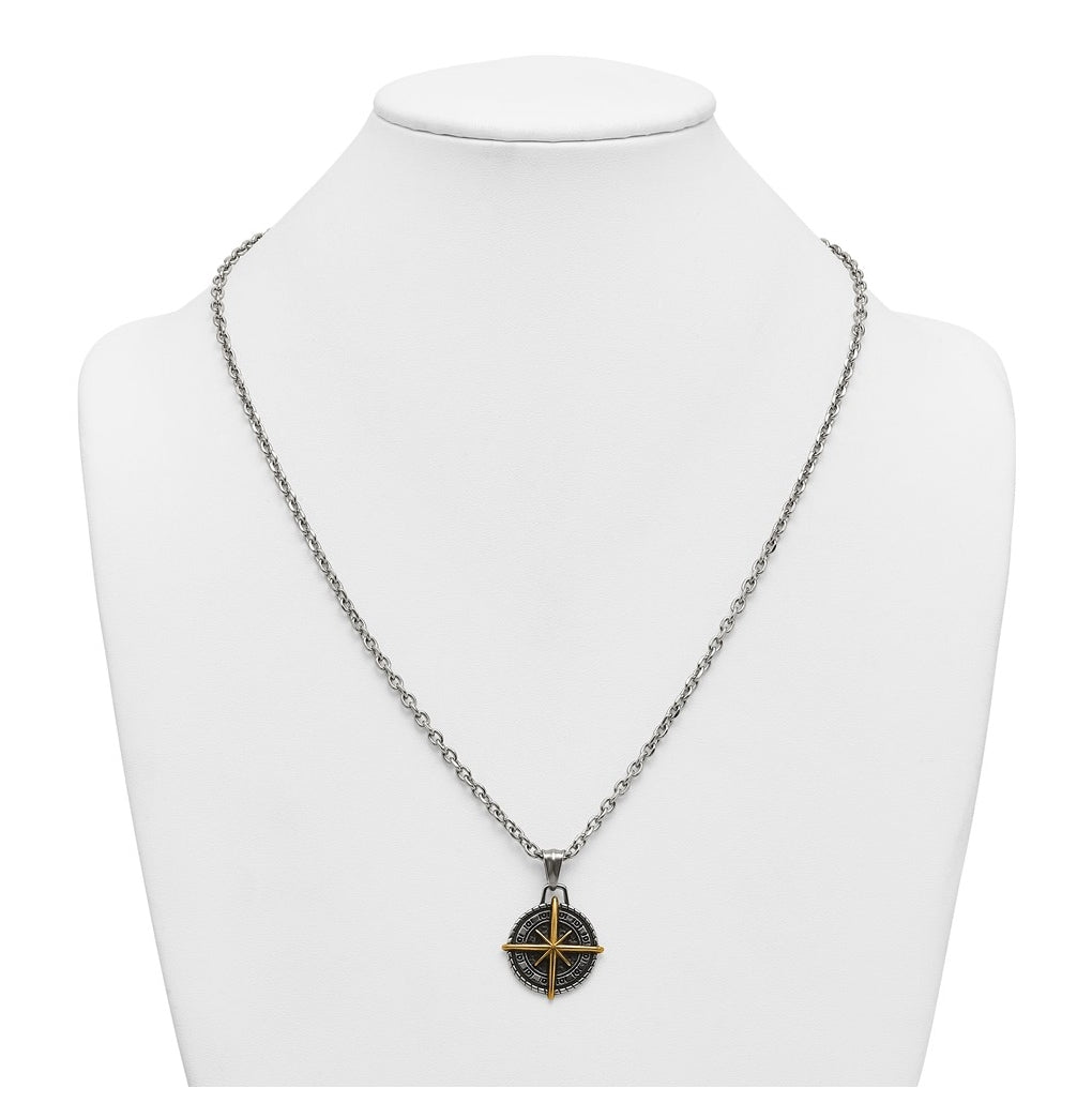 Stainless Steel Antiqued Polished Yellow IP-plated Compass 24in Necklace – Elegant Jewelry Gift for Birthday, Anniversary, Engagement, Wedding