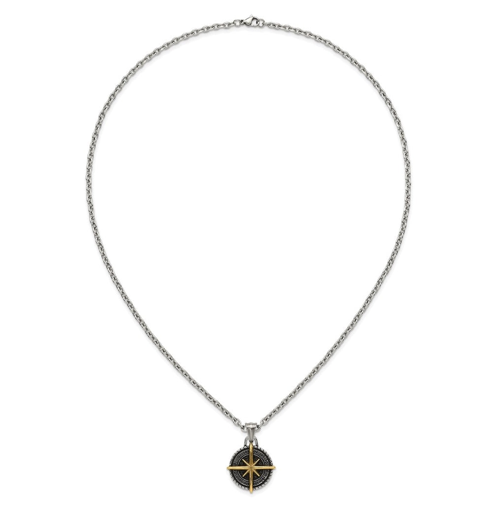 Stainless Steel Antiqued Polished Yellow IP-plated Compass 24in Necklace – Elegant Jewelry Gift for Birthday, Anniversary, Engagement, Wedding