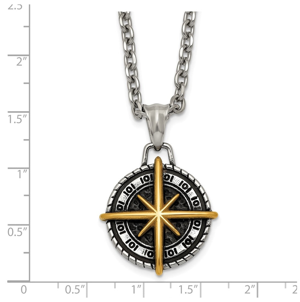 Stainless Steel Antiqued Polished Yellow IP-plated Compass 24in Necklace – Elegant Jewelry Gift for Birthday, Anniversary, Engagement, Wedding