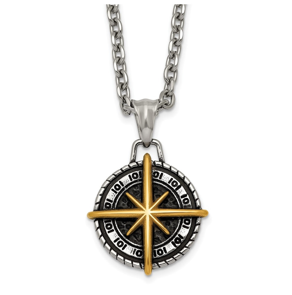 Stainless Steel Antiqued Polished Yellow IP-plated Compass 24in Necklace – Elegant Jewelry Gift for Birthday, Anniversary, Engagement, Wedding
