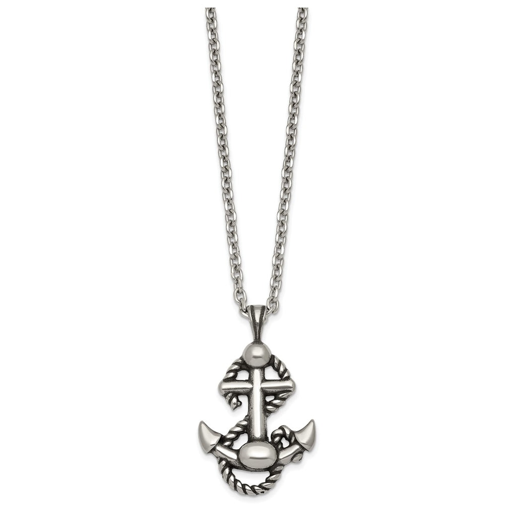 Stainless Steel Antiqued and Polished Anchor with Rope 24in Necklace – Elegant Jewelry Gift for Birthday, Anniversary, Engagement, Wedding