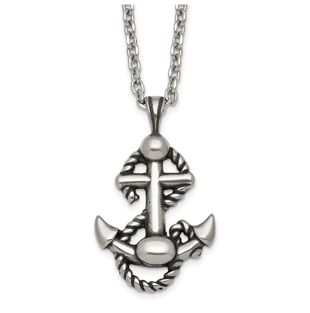 Stainless Steel Antiqued and Polished Anchor with Rope 24in Necklace – Elegant Jewelry Gift for Birthday, Anniversary, Engagement, Wedding