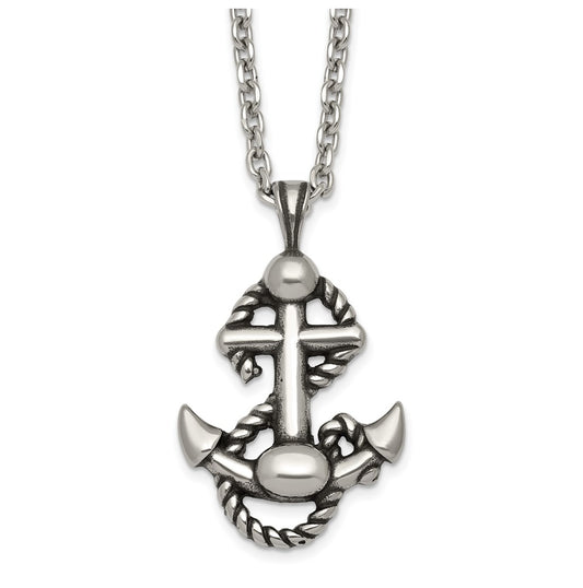 Stainless Steel Antiqued and Polished Anchor with Rope 24in Necklace – Elegant Jewelry Gift for Birthday, Anniversary, Engagement, Wedding