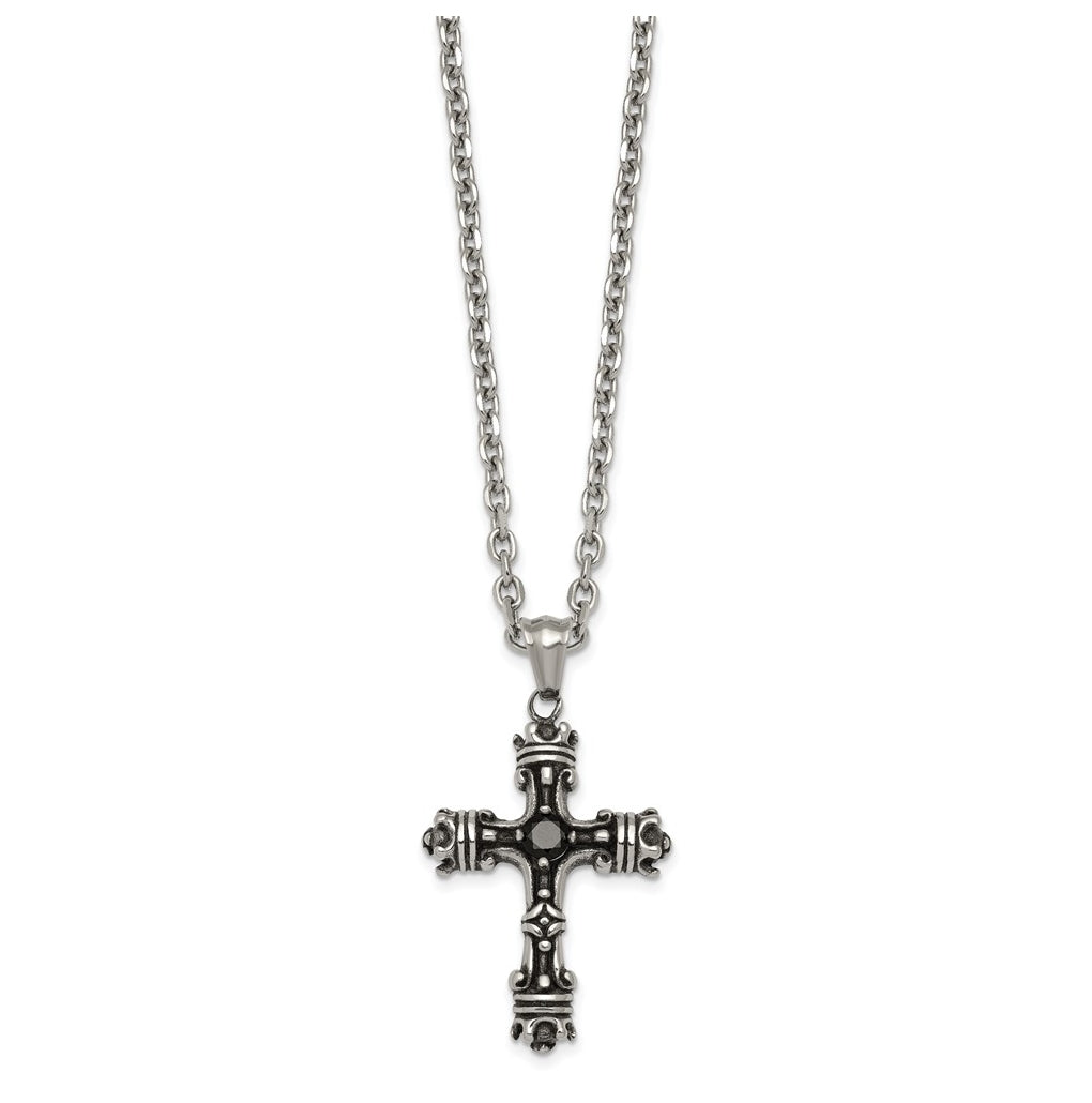 Stainless Steel Antiqued and Polished with Black Cubic Zirconia Cross 24in Necklace – Elegant Jewelry Gift for Birthday, Anniversary, Engagement, Wedding