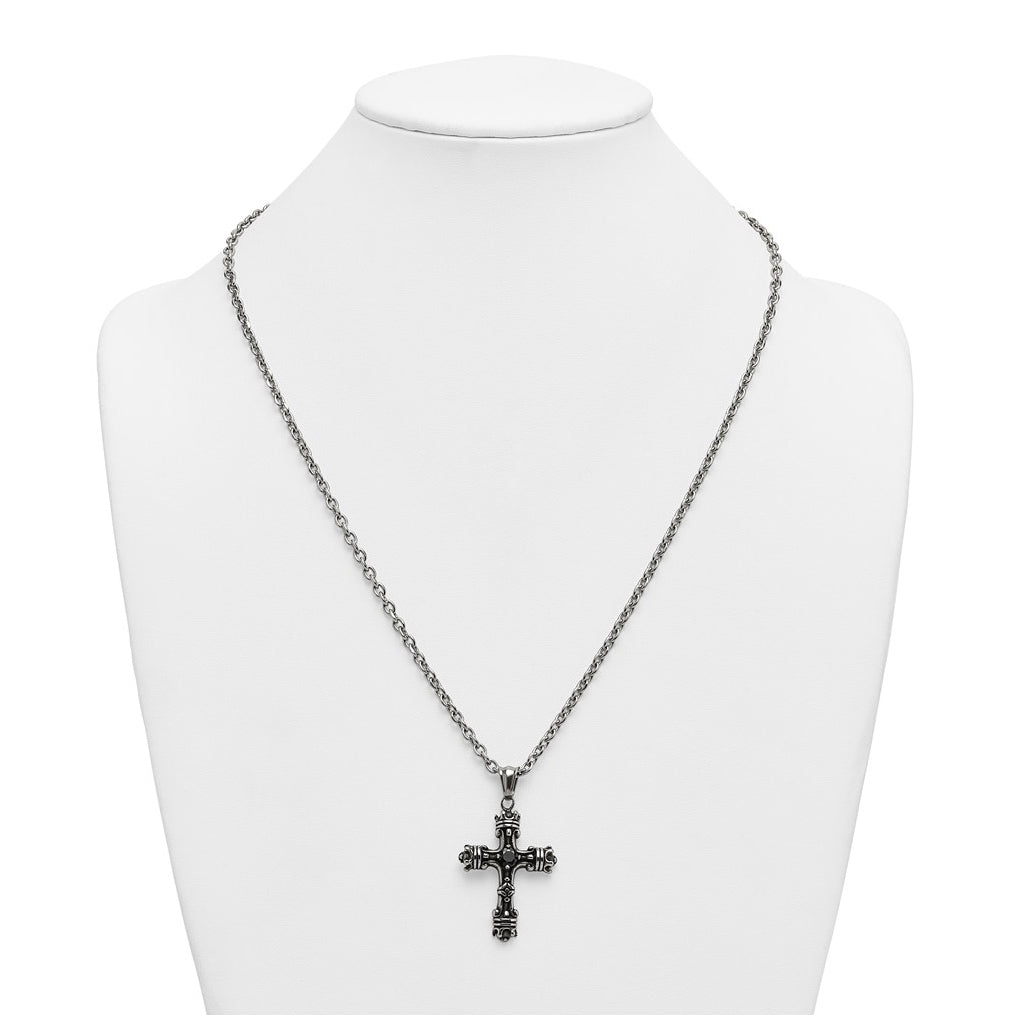 Stainless Steel Antiqued and Polished with Black Cubic Zirconia Cross 24in Necklace – Elegant Jewelry Gift for Birthday, Anniversary, Engagement, Wedding