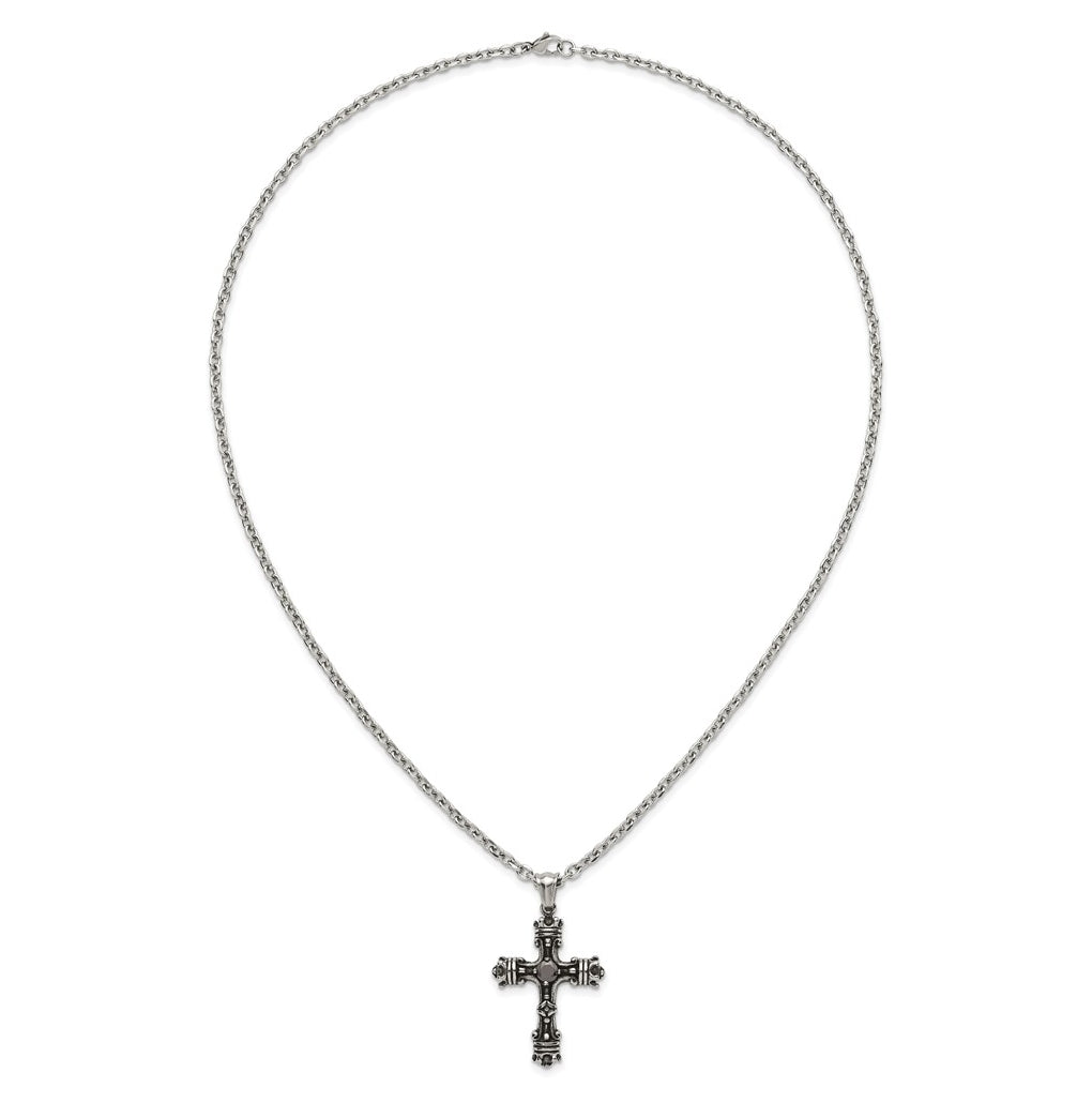 Stainless Steel Antiqued and Polished with Black Cubic Zirconia Cross 24in Necklace – Elegant Jewelry Gift for Birthday, Anniversary, Engagement, Wedding