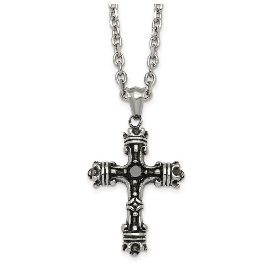 Stainless Steel Antiqued and Polished with Black Cubic Zirconia Cross 24in Necklace – Elegant Jewelry Gift for Birthday, Anniversary, Engagement, Wedding