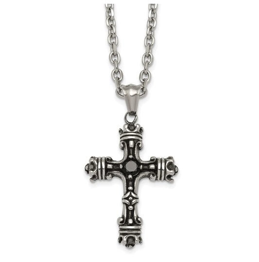 Stainless Steel Antiqued and Polished with Black Cubic Zirconia Cross 24in Necklace – Elegant Jewelry Gift for Birthday, Anniversary, Engagement, Wedding