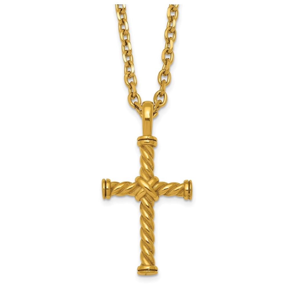 Stainless Steel Polished Yellow IP 24 in with 2 in ext. Twisted Cross Necklace – Elegant Jewelry Gift for Birthday, Anniversary, Engagement, Wedding