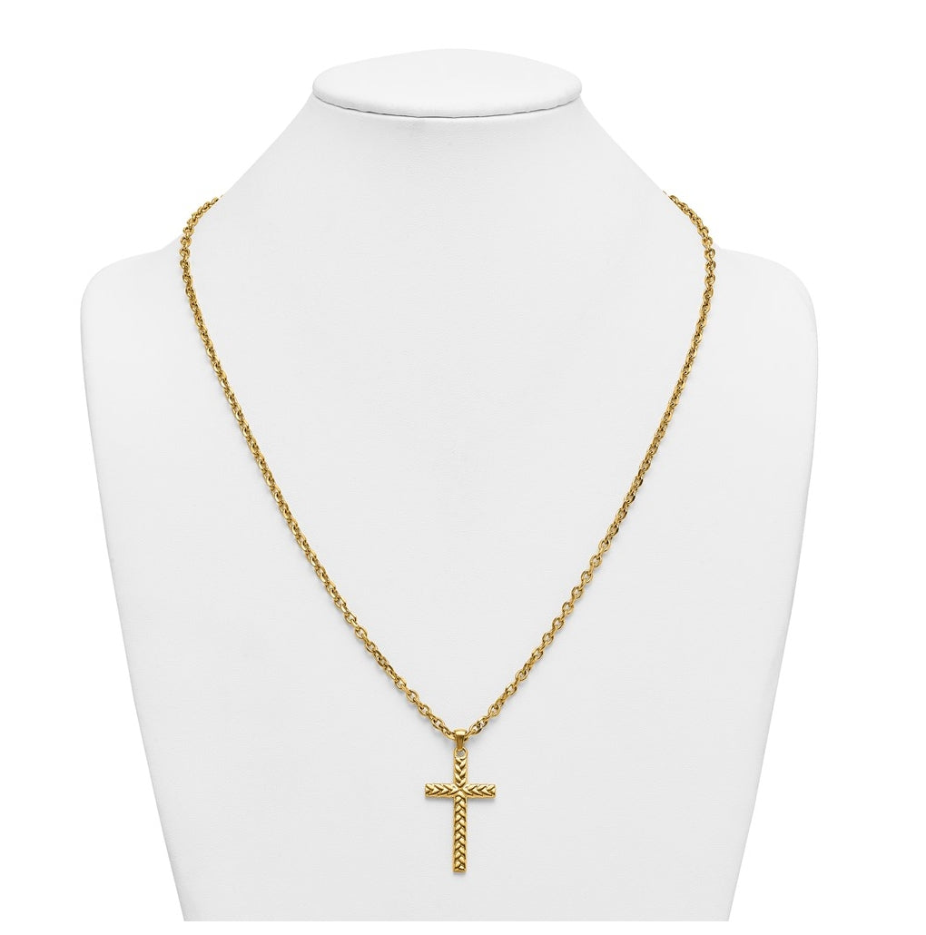 Stainless Steel Polished/Textured Yellow IP 24 in with 2 in ext. Cross Necklace – Elegant Jewelry Gift for Birthday, Anniversary, Engagement, Wedding