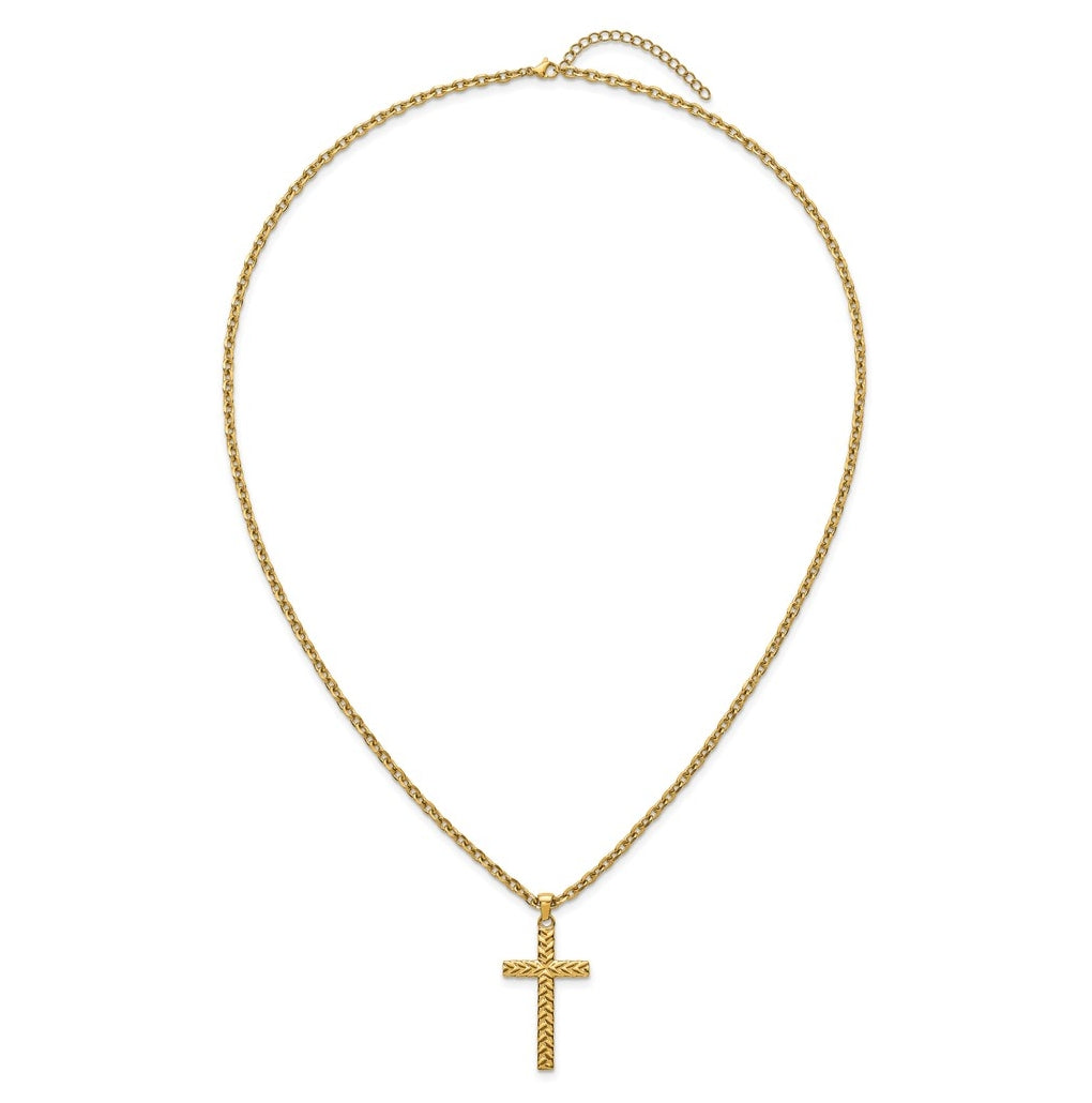 Stainless Steel Polished/Textured Yellow IP 24 in with 2 in ext. Cross Necklace – Elegant Jewelry Gift for Birthday, Anniversary, Engagement, Wedding