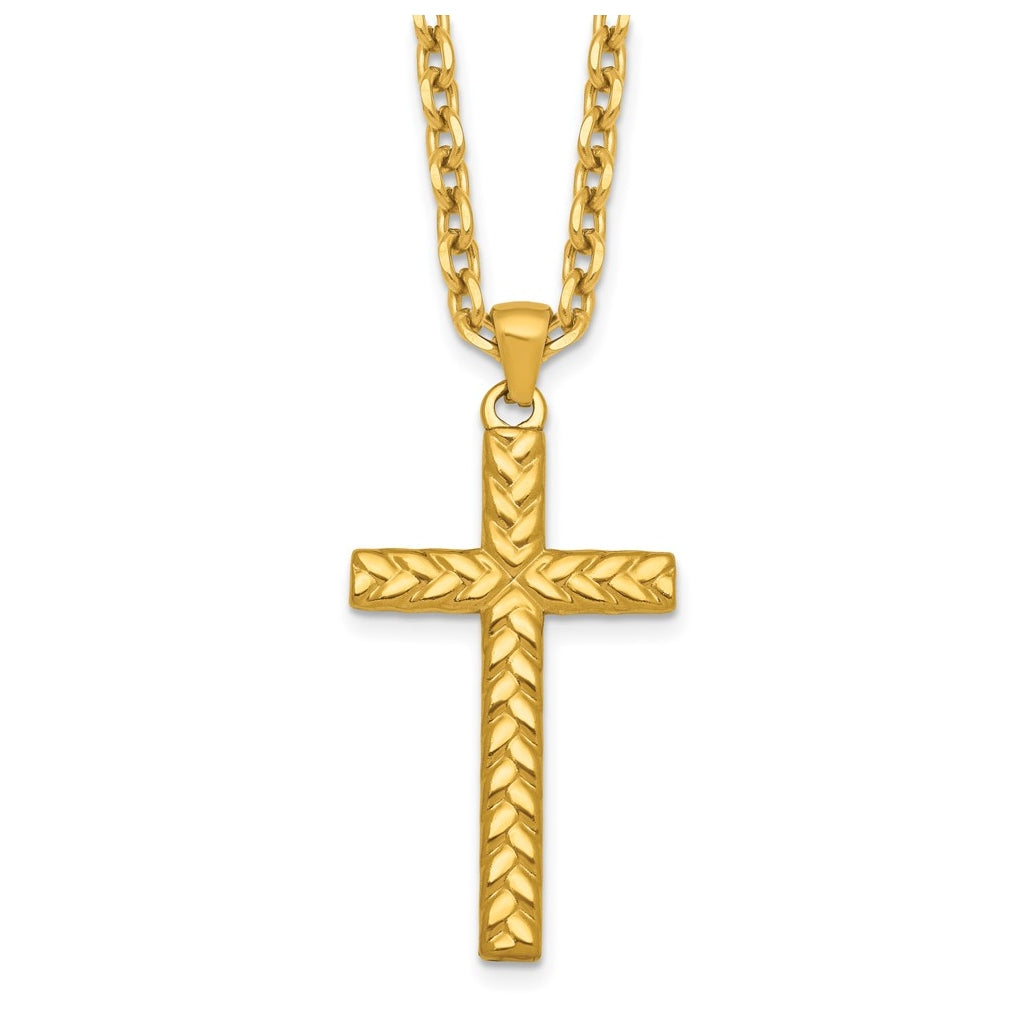 Stainless Steel Polished/Textured Yellow IP 24 in with 2 in ext. Cross Necklace – Elegant Jewelry Gift for Birthday, Anniversary, Engagement, Wedding