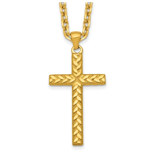 Stainless Steel Polished/Textured Yellow IP 24 in with 2 in ext. Cross Necklace – Elegant Jewelry Gift for Birthday, Anniversary, Engagement, Wedding