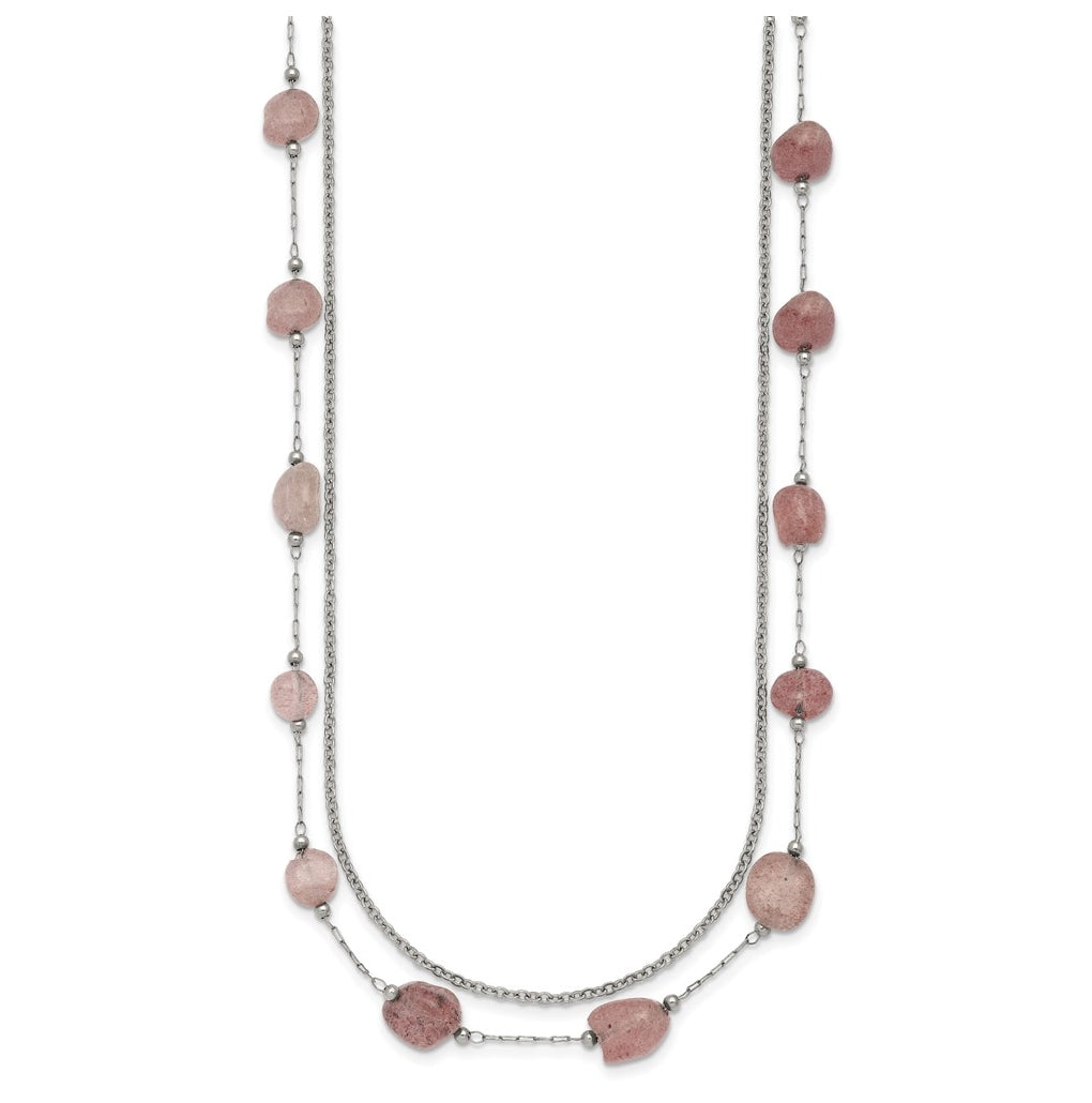 Stainless Steel Polished Strawberry Quartz Layered with 2in ext. Necklace – Elegant Jewelry Gift for Birthday, Anniversary, Engagement, Wedding