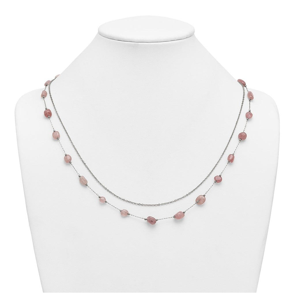 Stainless Steel Polished Strawberry Quartz Layered with 2in ext. Necklace – Elegant Jewelry Gift for Birthday, Anniversary, Engagement, Wedding