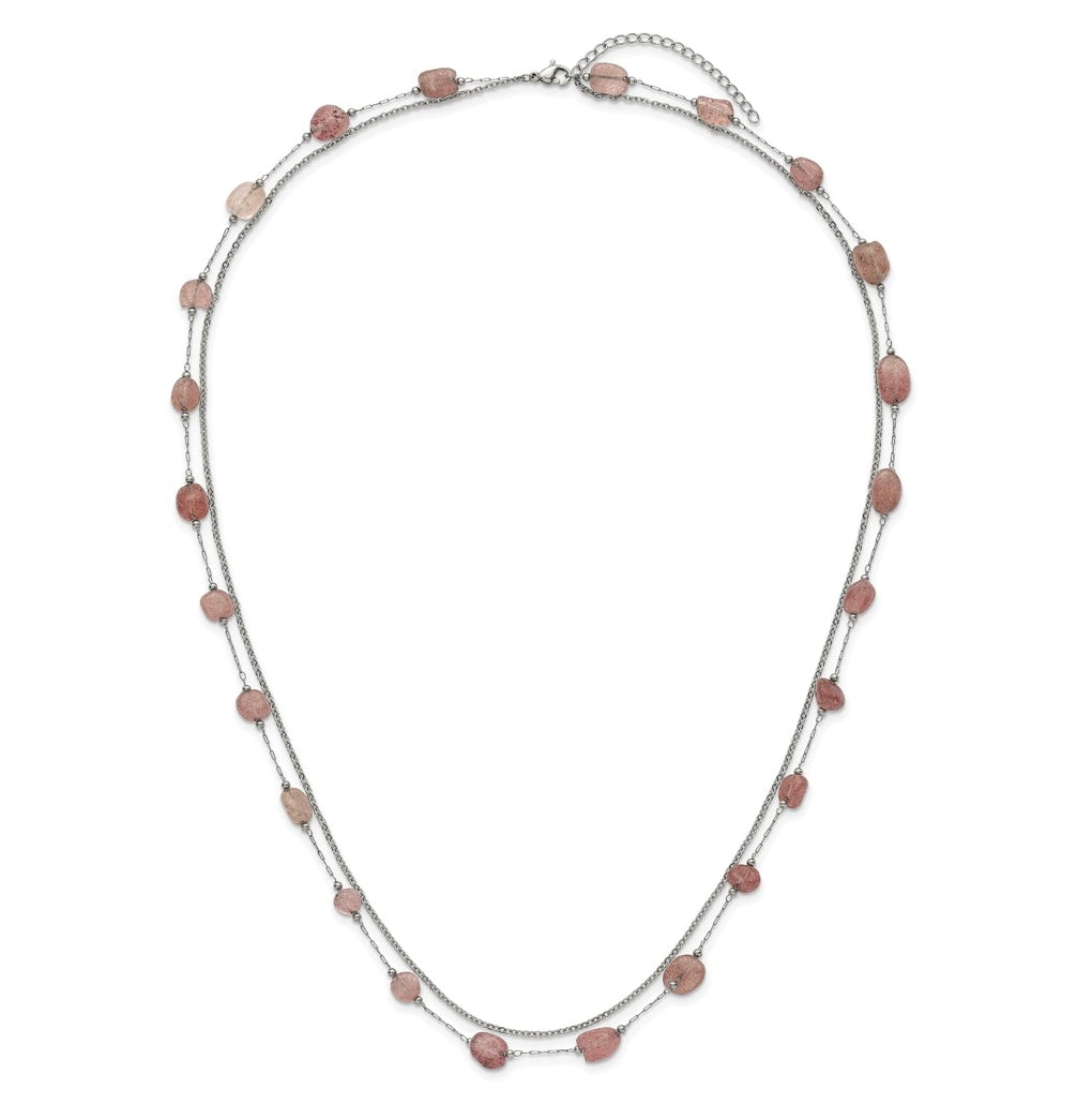 Stainless Steel Polished Strawberry Quartz Layered with 2in ext. Necklace – Elegant Jewelry Gift for Birthday, Anniversary, Engagement, Wedding