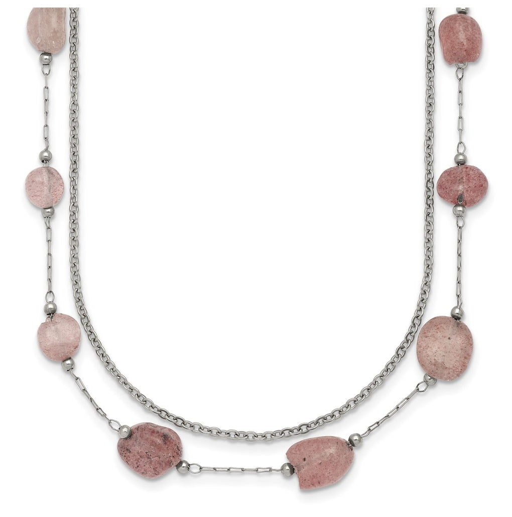 Stainless Steel Polished Strawberry Quartz Layered with 2in ext. Necklace – Elegant Jewelry Gift for Birthday, Anniversary, Engagement, Wedding
