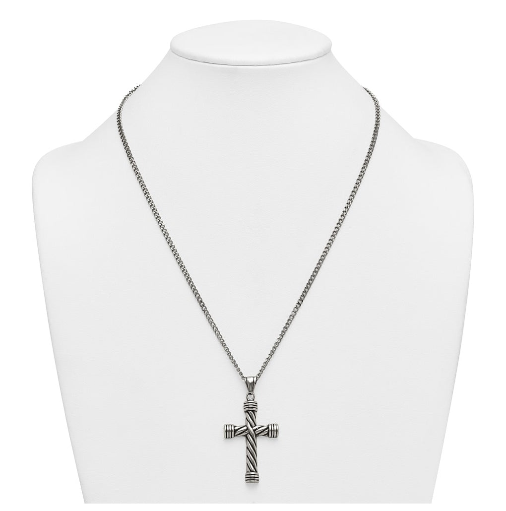 Stainless Steel Polished and Antiqued Weaved Cross 22in Necklace – Elegant Jewelry Gift for Birthday, Anniversary, Engagement, Wedding