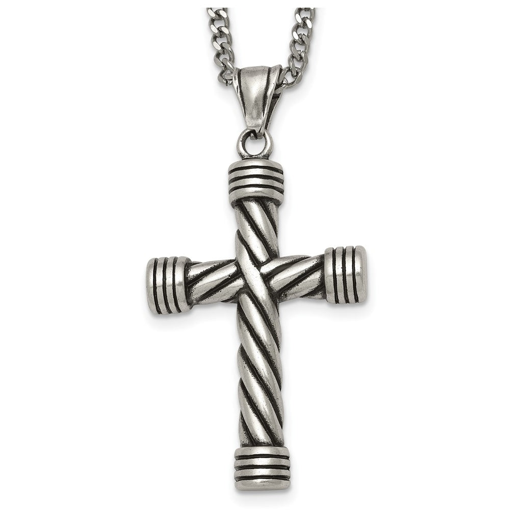 Stainless Steel Polished and Antiqued Weaved Cross 22in Necklace – Elegant Jewelry Gift for Birthday, Anniversary, Engagement, Wedding