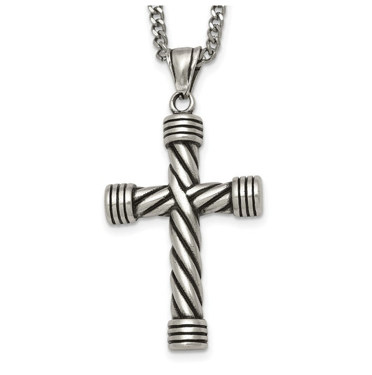 Stainless Steel Polished and Antiqued Weaved Cross 22in Necklace – Elegant Jewelry Gift for Birthday, Anniversary, Engagement, Wedding