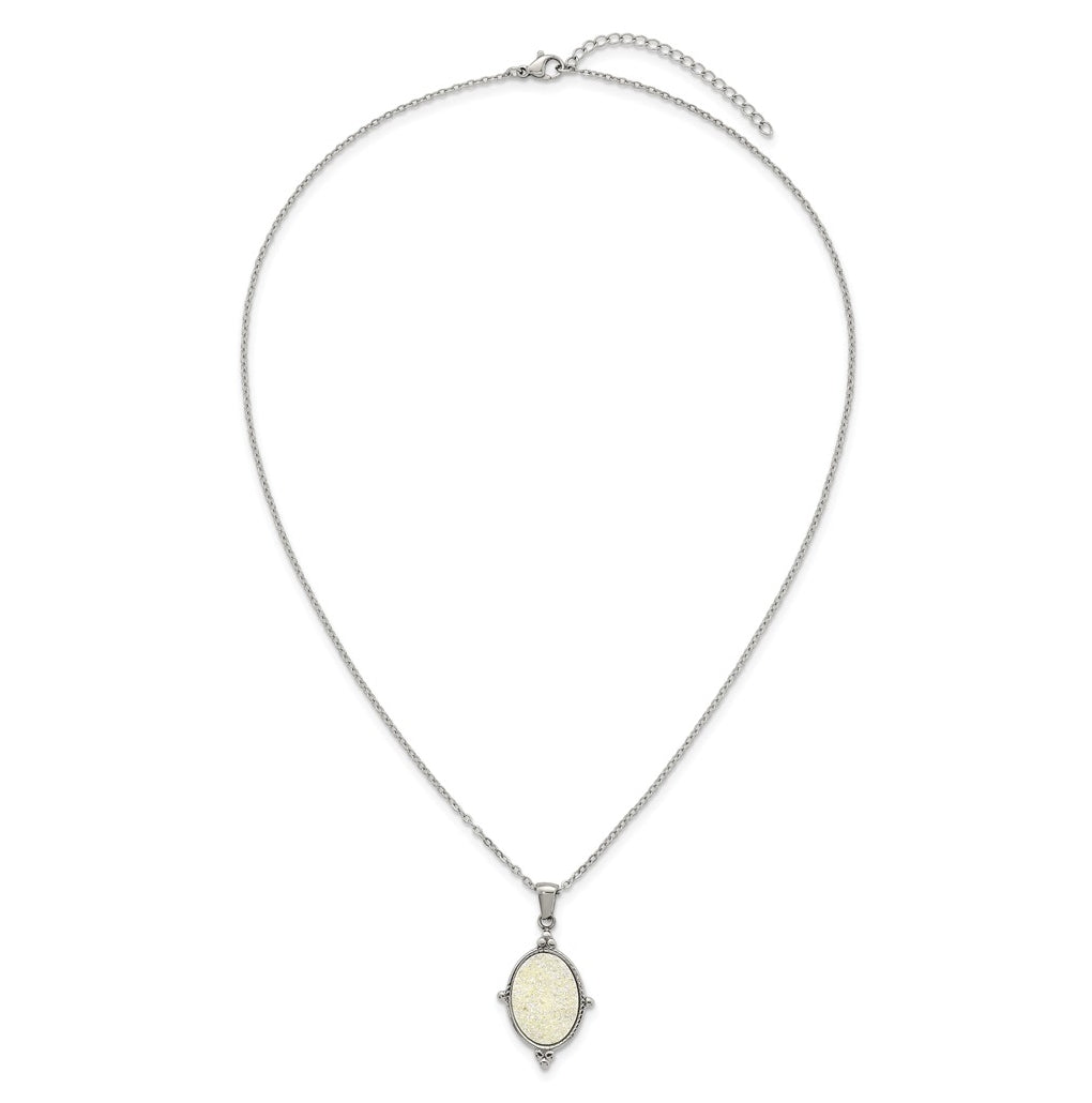 Stainless Steel Polished Oval Druzy 17.75in with 2in Ext Necklace – Elegant Jewelry Gift for Birthday, Anniversary, Engagement, Wedding