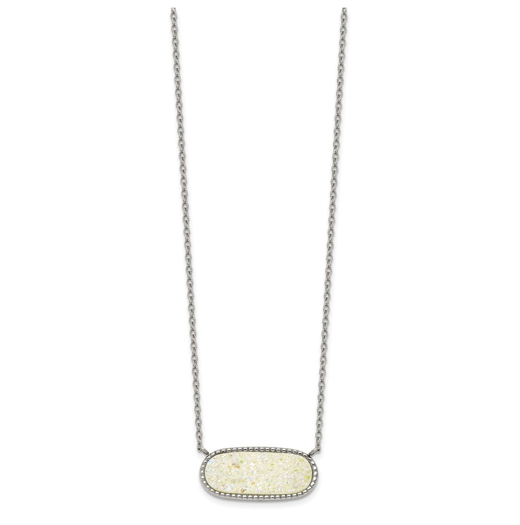 Stainless Steel Polished Sideways Druzy 17.5in with 2in Ext Necklace – Elegant Jewelry Gift for Birthday, Anniversary, Engagement, Wedding