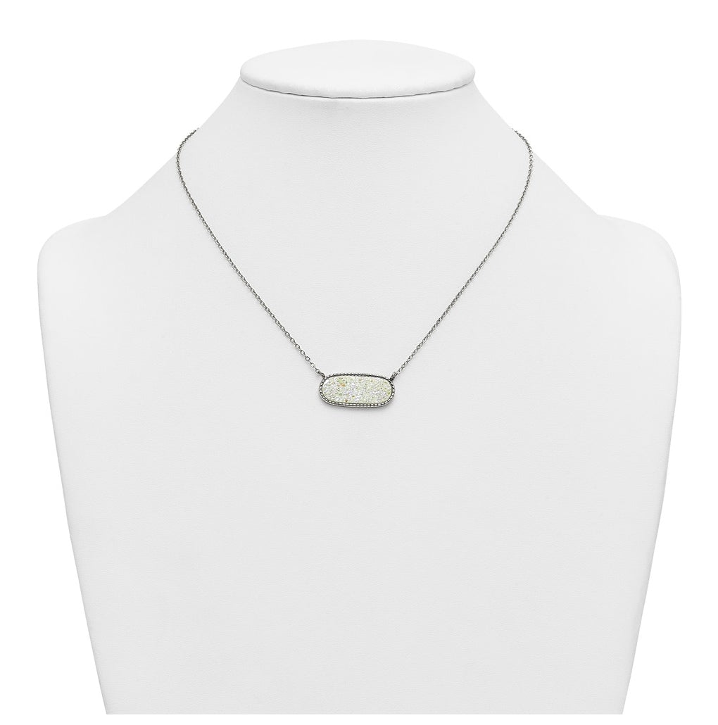 Stainless Steel Polished Sideways Druzy 17.5in with 2in Ext Necklace – Elegant Jewelry Gift for Birthday, Anniversary, Engagement, Wedding