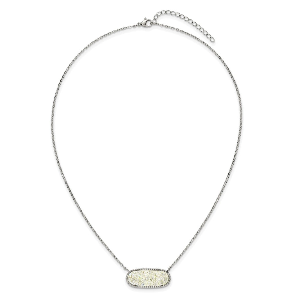 Stainless Steel Polished Sideways Druzy 17.5in with 2in Ext Necklace – Elegant Jewelry Gift for Birthday, Anniversary, Engagement, Wedding