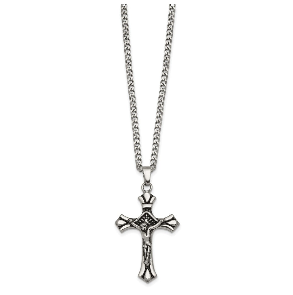 Stainless Steel Polished and Antiqued Budded Crucifix 22in Necklace – Elegant Jewelry Gift for Birthday, Anniversary, Engagement, Wedding