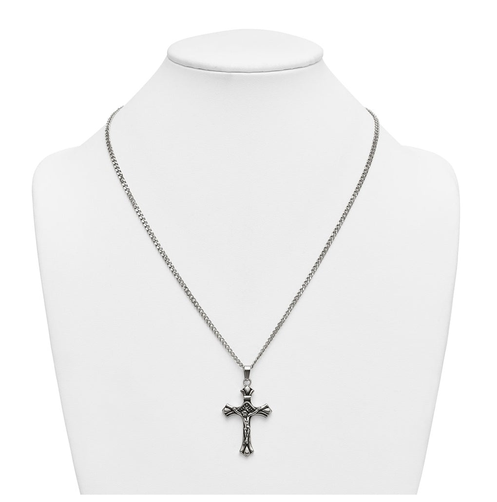 Stainless Steel Polished and Antiqued Budded Crucifix 22in Necklace – Elegant Jewelry Gift for Birthday, Anniversary, Engagement, Wedding