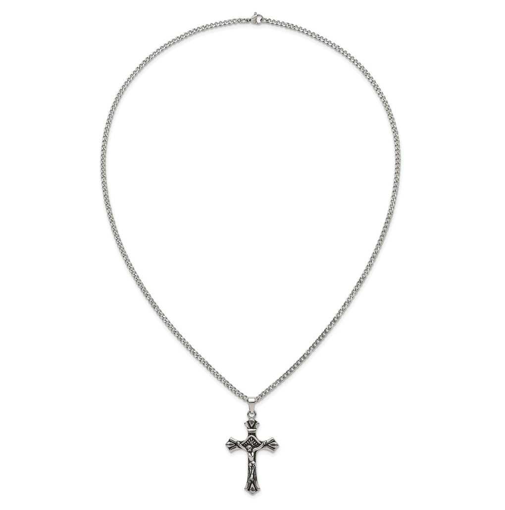 Stainless Steel Polished and Antiqued Budded Crucifix 22in Necklace – Elegant Jewelry Gift for Birthday, Anniversary, Engagement, Wedding