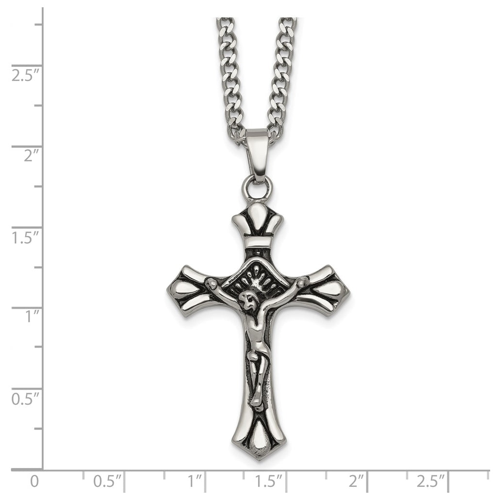 Stainless Steel Polished and Antiqued Budded Crucifix 22in Necklace – Elegant Jewelry Gift for Birthday, Anniversary, Engagement, Wedding