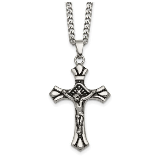 Stainless Steel Polished and Antiqued Budded Crucifix 22in Necklace – Elegant Jewelry Gift for Birthday, Anniversary, Engagement, Wedding