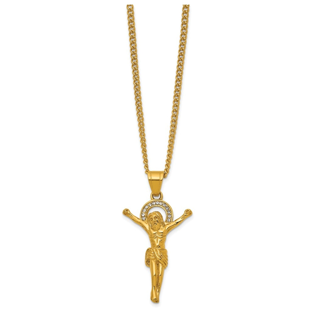 Stainless Steel Polished Yellow IP-plated Crystal Crucifix 24in Necklace – Elegant Jewelry Gift for Birthday, Anniversary, Engagement, Wedding