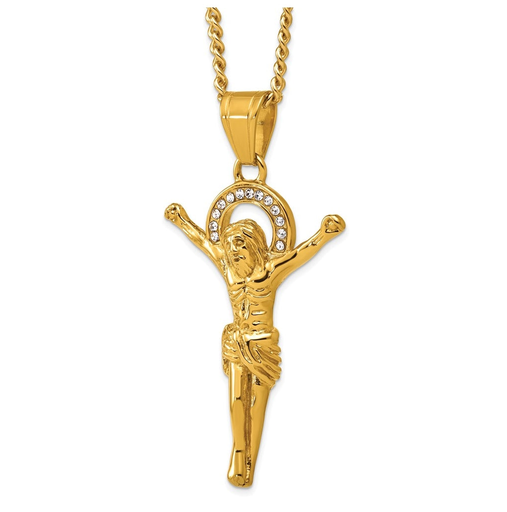 Stainless Steel Polished Yellow IP-plated Crystal Crucifix 24in Necklace – Elegant Jewelry Gift for Birthday, Anniversary, Engagement, Wedding