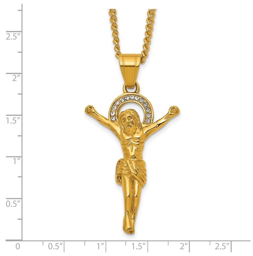 Stainless Steel Polished Yellow IP-plated Crystal Crucifix 24in Necklace – Elegant Jewelry Gift for Birthday, Anniversary, Engagement, Wedding